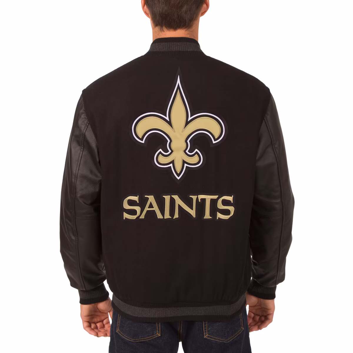 Men's JH Design Black New Orleans Saints Wool & Leather Reversible Jacket with Embroidered Logos 4 Men's JH Design Black New Orleans Saints Wool & Leather Reversible Jacket with Embroidered Logos