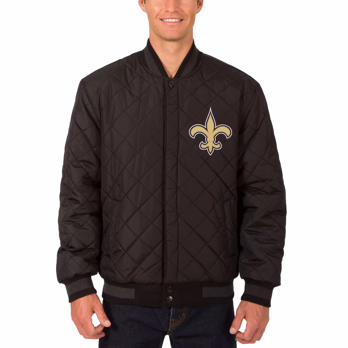 Men's JH Design Black New Orleans Saints Wool & Leather Reversible Jacket with Embroidered Logos 5 Men's JH Design Black New Orleans Saints Wool & Leather Reversible Jacket with Embroidered Logos