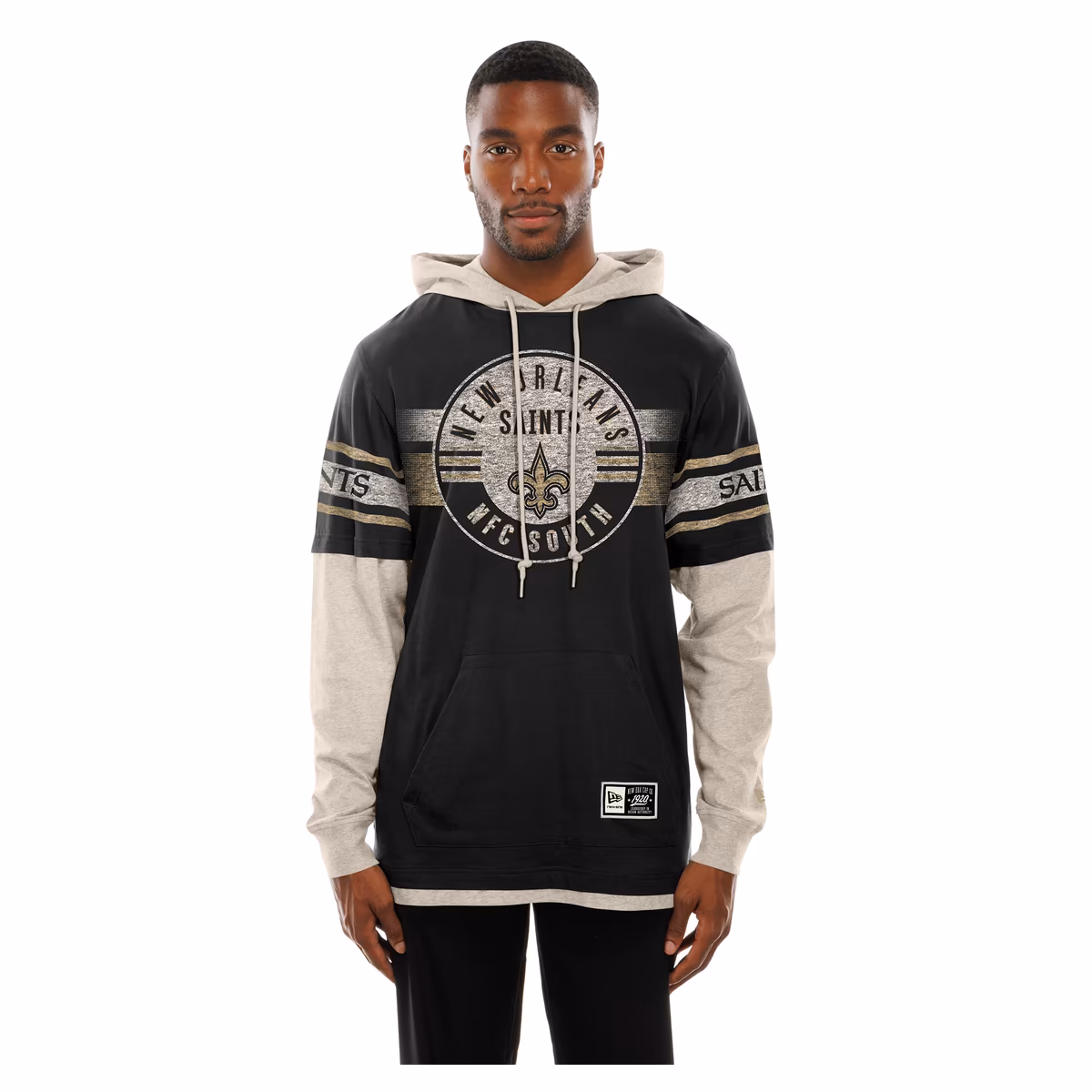 Men's New Era Black New Orleans Saints Twofer Layered Long Sleeve Hooded T-Shirt 9 Men's New Era Black New Orleans Saints Twofer Layered Long Sleeve Hooded T-Shirt