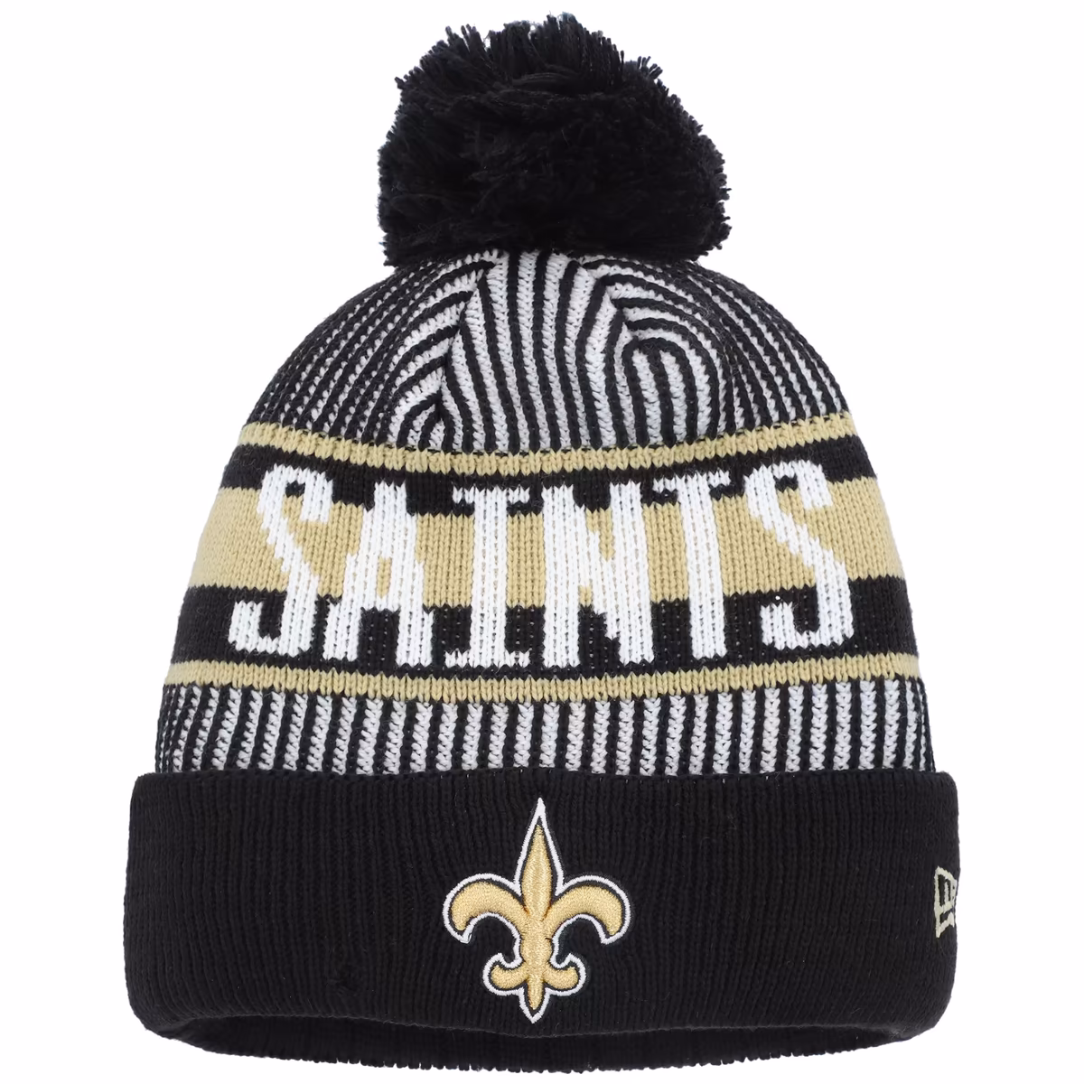Youth New Era Black New Orleans Saints Striped Cuffed Knit Hat with Pom