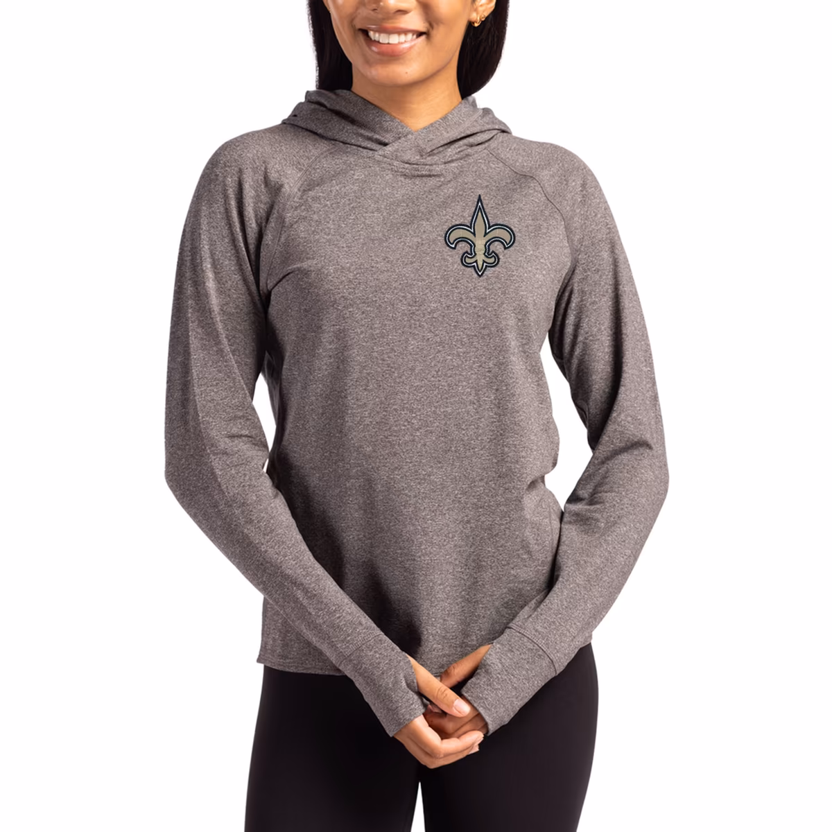 Women's Cutter & Buck Heather Charcoal New Orleans Saints Primary Logo Adapt Knit Recycled Raglan Pullover Hoodie