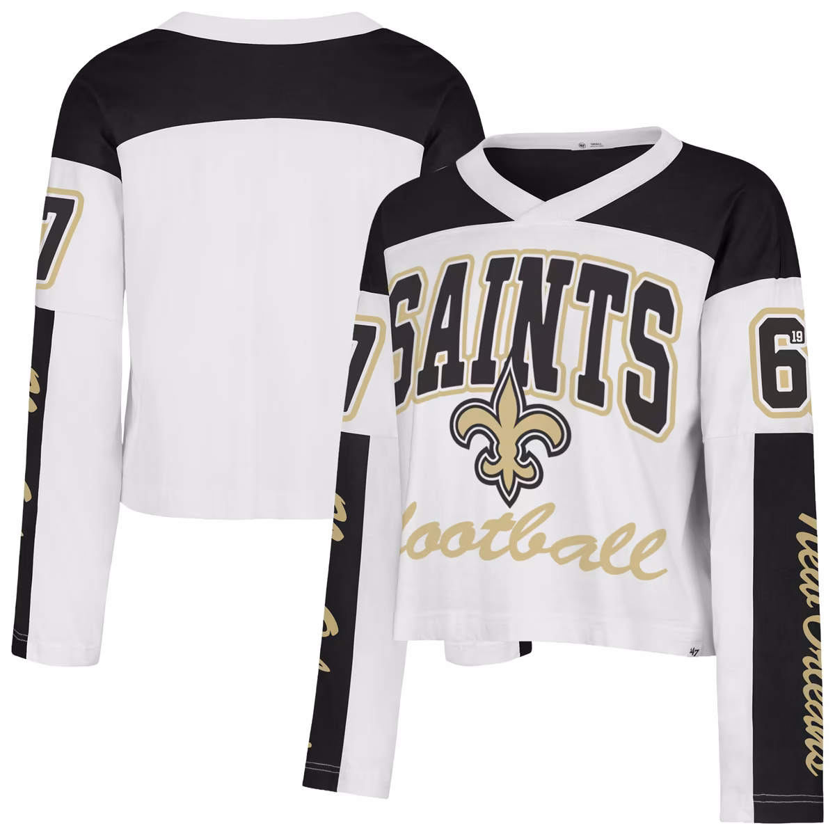 Women's '47 White New Orleans Saints Exclamation Metro V-Neck Long Sleeve Jersey T-Shirt 1 Women's '47 White New Orleans Saints Exclamation Metro V-Neck Long Sleeve Jersey T-Shirt