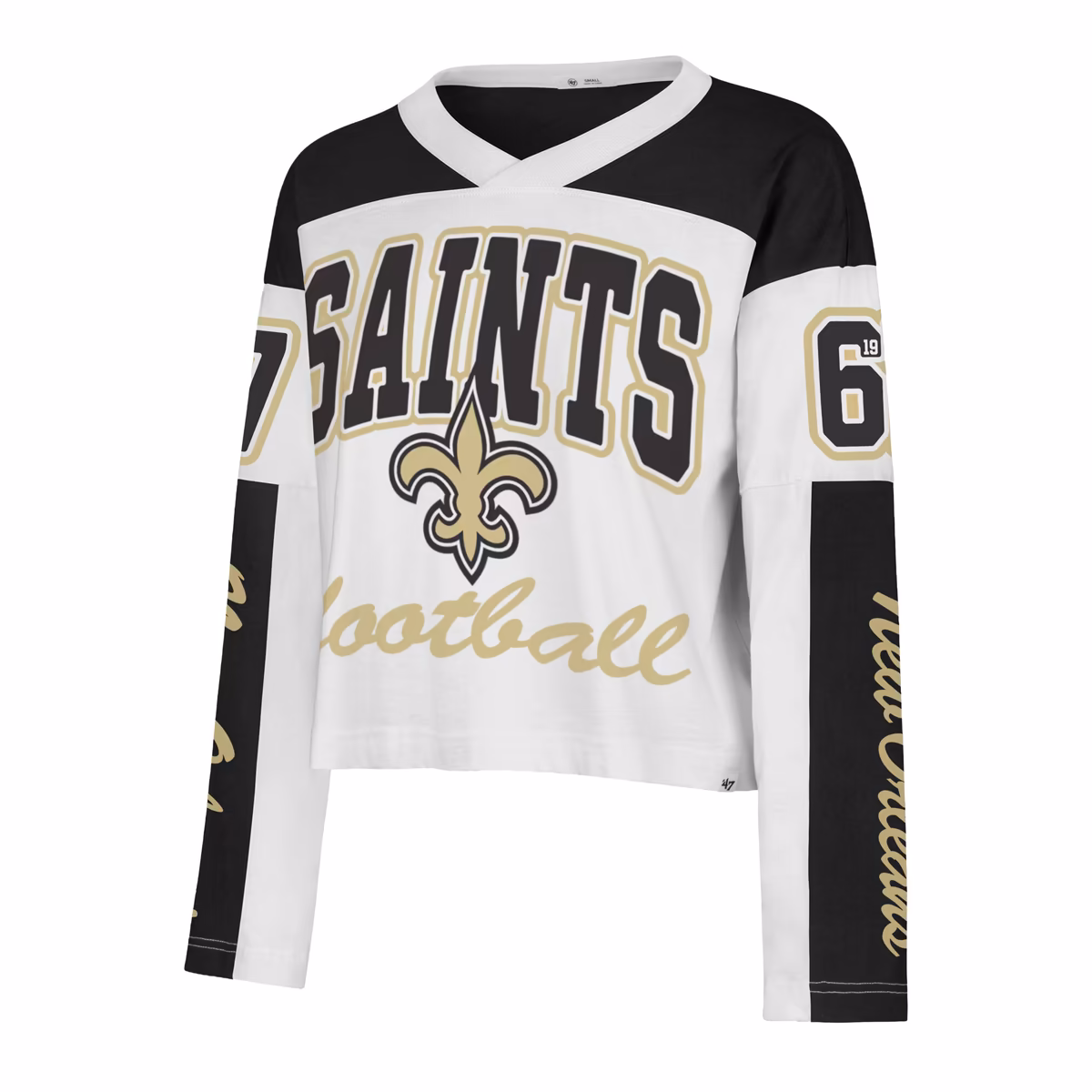 Women's '47 White New Orleans Saints Exclamation Metro V-Neck Long Sleeve Jersey T-Shirt 3 Women's '47 White New Orleans Saints Exclamation Metro V-Neck Long Sleeve Jersey T-Shirt