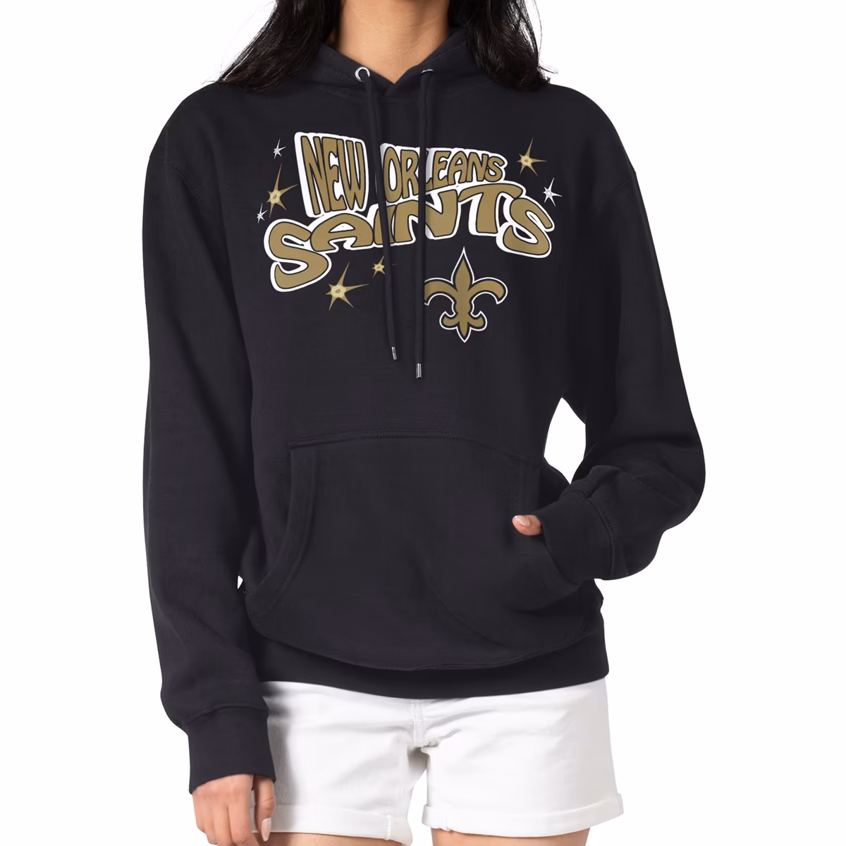 Women's Starter Black New Orleans Saints Fireworks Fleece Pullover Hoodie 2 Women's Starter Black New Orleans Saints Fireworks Fleece Pullover Hoodie