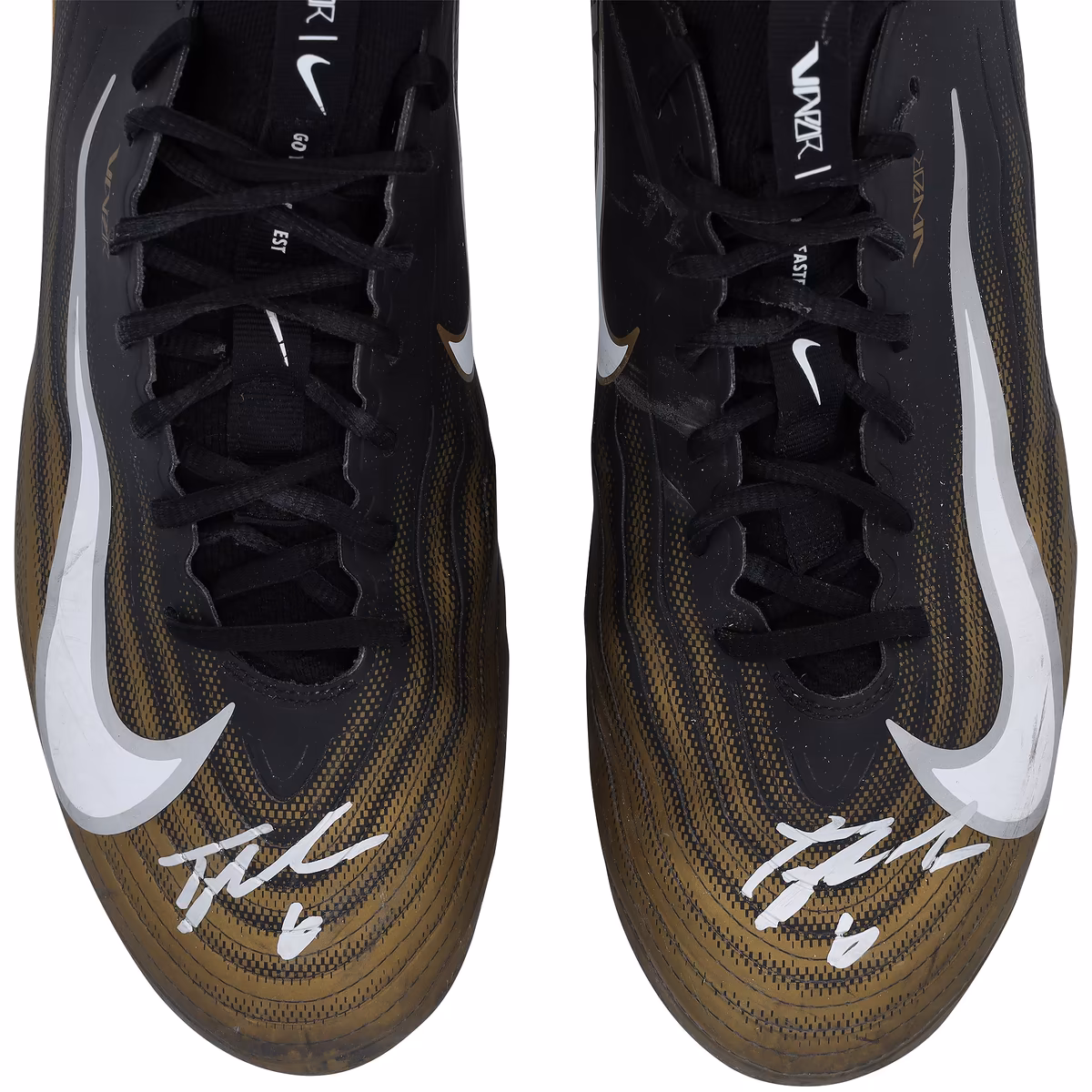 Tyler Shough New Orleans Saints Autographed Game-Used Black/Gold Nike Cleats from the 2025-26 NFL Season 3 Tyler Shough New Orleans Saints Autographed Game-Used Black/Gold Nike Cleats from the 2025-26 NFL Season