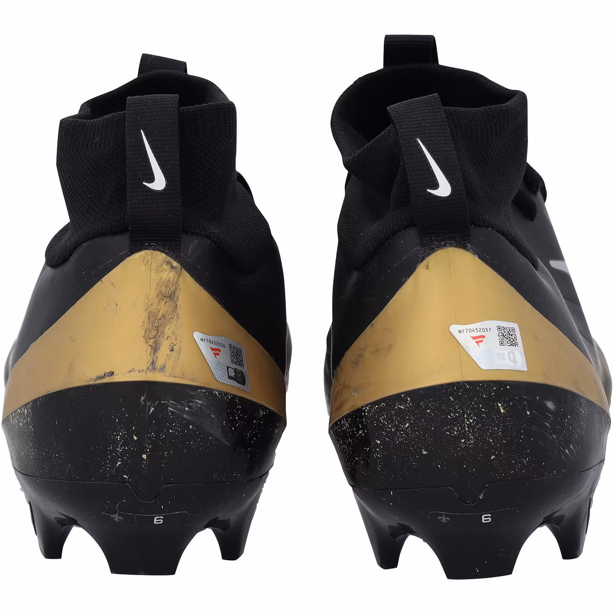 Tyler Shough New Orleans Saints Autographed Game-Used Black/Gold Nike Cleats from the 2025-26 NFL Season 9 Tyler Shough New Orleans Saints Autographed Game-Used Black/Gold Nike Cleats from the 2025-26 NFL Season