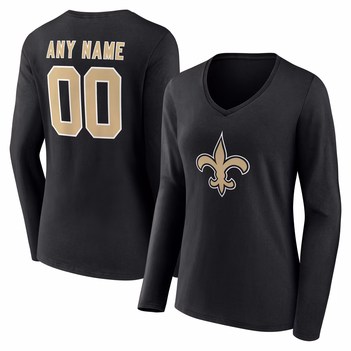 Women's Black New Orleans Saints Team Authentic Personalized Name & Number Long Sleeve V-Neck T-Shirt 2 Women's Black New Orleans Saints Team Authentic Personalized Name & Number Long Sleeve V-Neck T-Shirt
