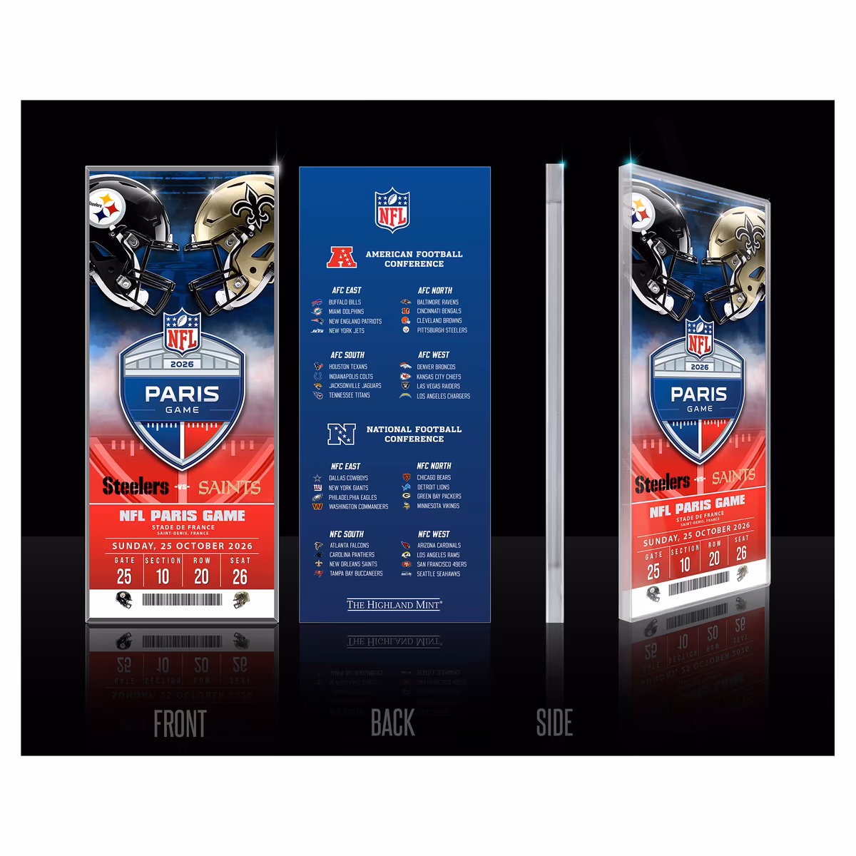 Highland Mint Pittsburgh Steelers vs. New Orleans Saints Paris 2026 International Games Week Acrylic Ticket