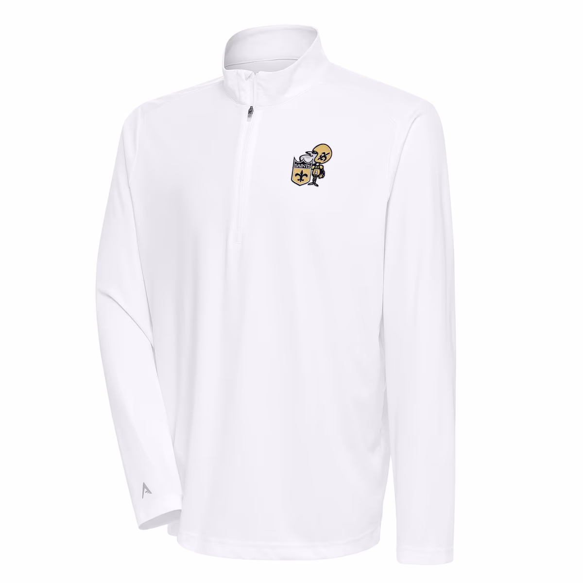 Men's Antigua White New Orleans Saints Team Logo Throwback Tribute Quarter-Zip Pullover Top 6 Men's Antigua White New Orleans Saints Team Logo Throwback Tribute Quarter-Zip Pullover Top