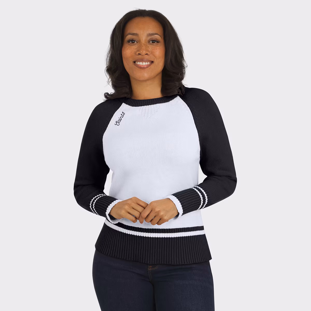 Women's WEAR by Erin Andrews White/Black New Orleans Saints Colorblock Raglan Sweater