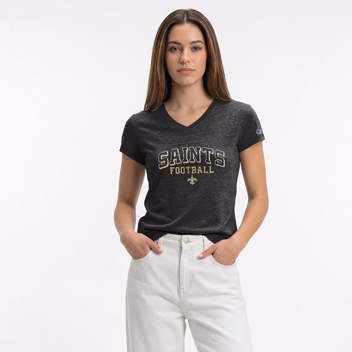 Women's Champion Black New Orleans Saints Triumph Tri-Blend V-Neck T-Shirt