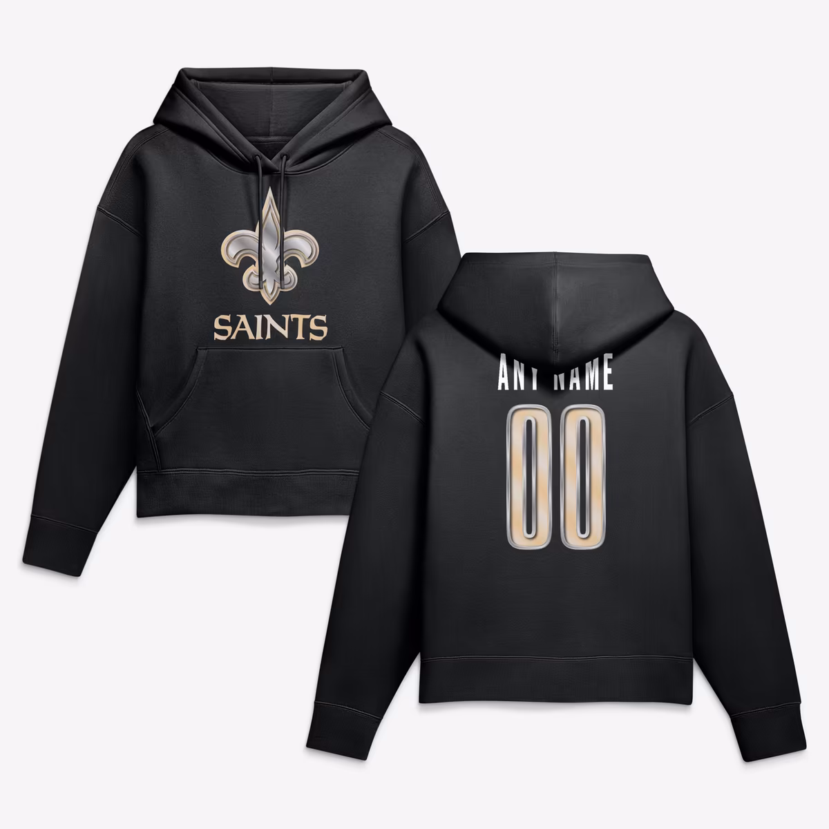Women's Black New Orleans Saints Metallic Mascot Personalized Name & Number Hoodie 1 Women's Black New Orleans Saints Metallic Mascot Personalized Name & Number Hoodie