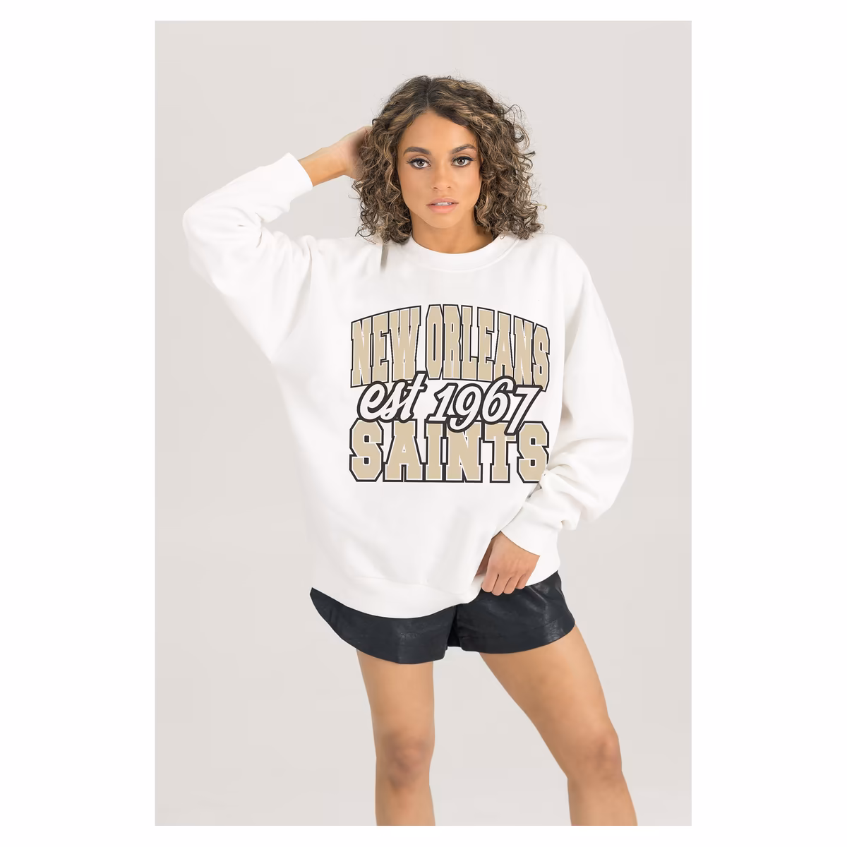 Women's Gameday Couture White New Orleans Saints Oversized Faded Formation Premium Fleece Pullover Sweatshirt 2 Women's Gameday Couture White New Orleans Saints Oversized Faded Formation Premium Fleece Pullover Sweatshirt