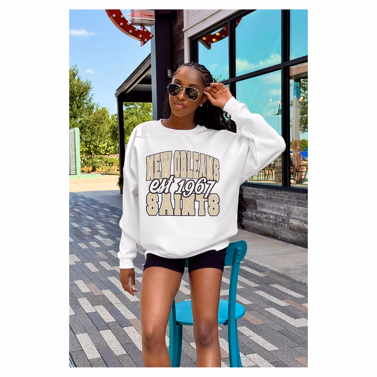 Women's Gameday Couture White New Orleans Saints Oversized Faded Formation Premium Fleece Pullover Sweatshirt 4 Women's Gameday Couture White New Orleans Saints Oversized Faded Formation Premium Fleece Pullover Sweatshirt