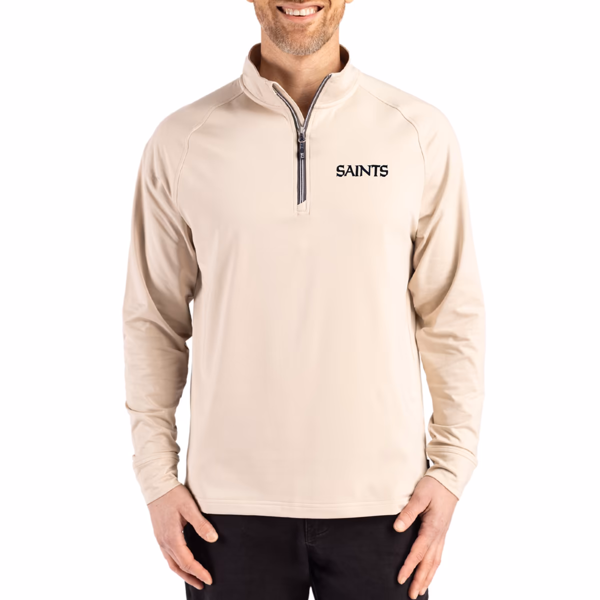 Men's Cutter & Buck Tan New Orleans Saints Adapt Eco Knit Stretch Recycled Quarter-Zip Pullover 2 Men's Cutter & Buck Tan New Orleans Saints Adapt Eco Knit Stretch Recycled Quarter-Zip Pullover