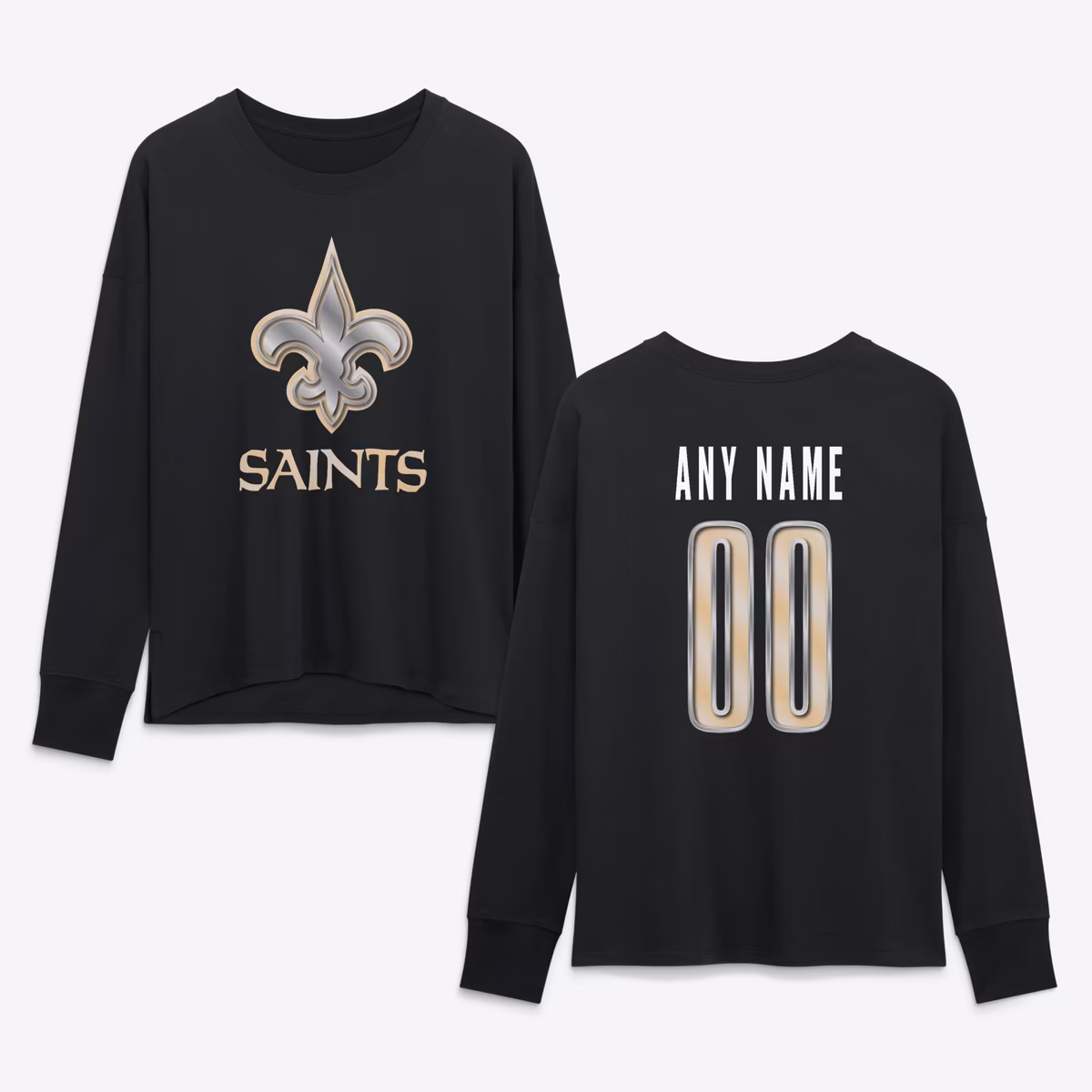 Women's Black New Orleans Saints Metallic Mascot Personalized Name & Number Long Sleeve T-Shirt