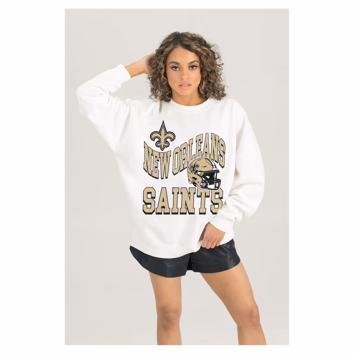 Women's Gameday Couture White New Orleans Saints Oversized Hard Earned Premium Fleece Pullover Sweatshirt 1 Women's Gameday Couture White New Orleans Saints Oversized Hard Earned Premium Fleece Pullover Sweatshirt