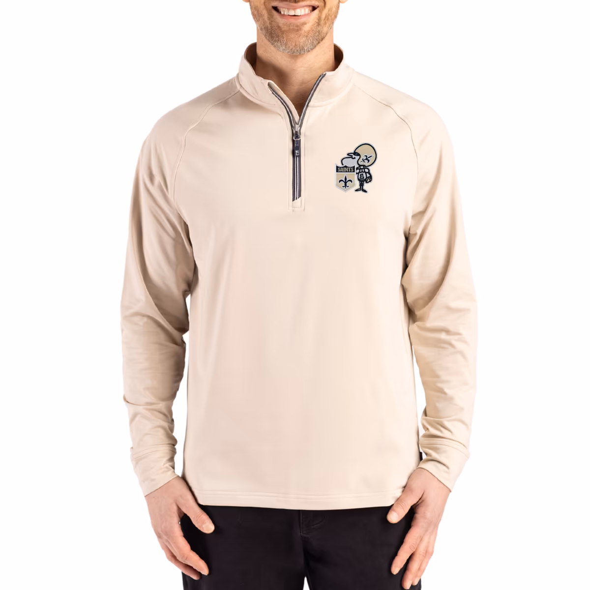 Men's Cutter & Buck Tan New Orleans Saints Throwback Logo Adapt Eco Knit Stretch Recycled Quarter-Zip Pullover 15 Men's Cutter & Buck Tan New Orleans Saints Throwback Logo Adapt Eco Knit Stretch Recycled Quarter-Zip Pullover