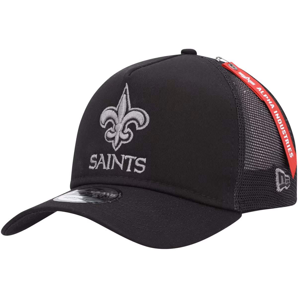 Men's New Era x Alpha Industries  Black New Orleans Saints A-Frame 9FORTY Trucker Snapback Hat