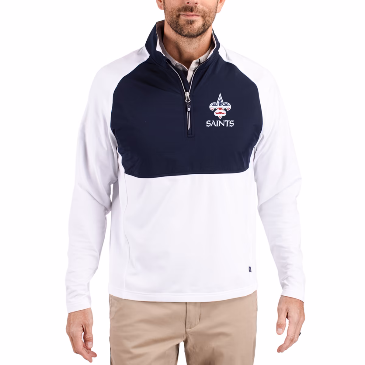 Men's Cutter & Buck White New Orleans Saints Adapt Eco Knit Hybrid Recycled Quarter-Zip Pullover Top 4 Men's Cutter & Buck White New Orleans Saints Adapt Eco Knit Hybrid Recycled Quarter-Zip Pullover Top