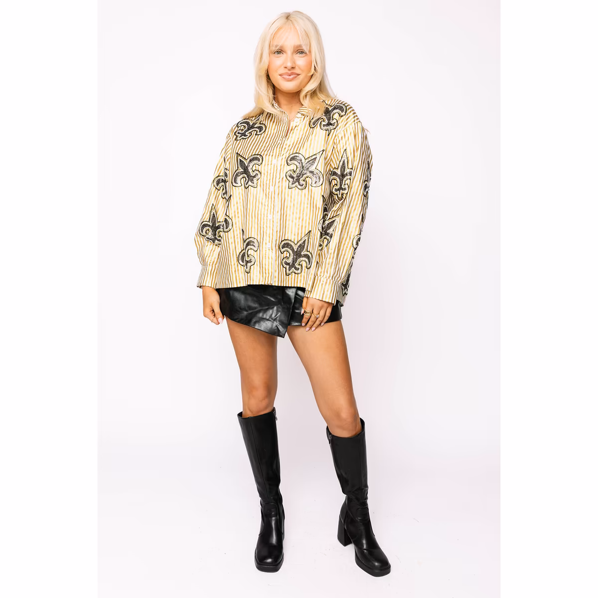 Women's Queen of Sparkles Gold New Orleans Saints Fleur de Lis Striped Button-Up Top 1 Women's Queen of Sparkles Gold New Orleans Saints Fleur de Lis Striped Button-Up Top