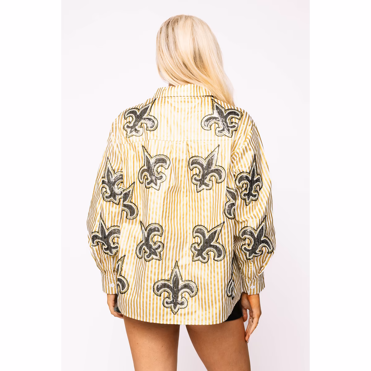 Women's Queen of Sparkles Gold New Orleans Saints Fleur de Lis Striped Button-Up Top 3 Women's Queen of Sparkles Gold New Orleans Saints Fleur de Lis Striped Button-Up Top