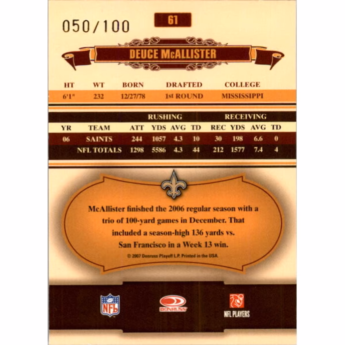 2007 Donruss Classics Timeless Tributes Bronze #61 Deuce McAllister