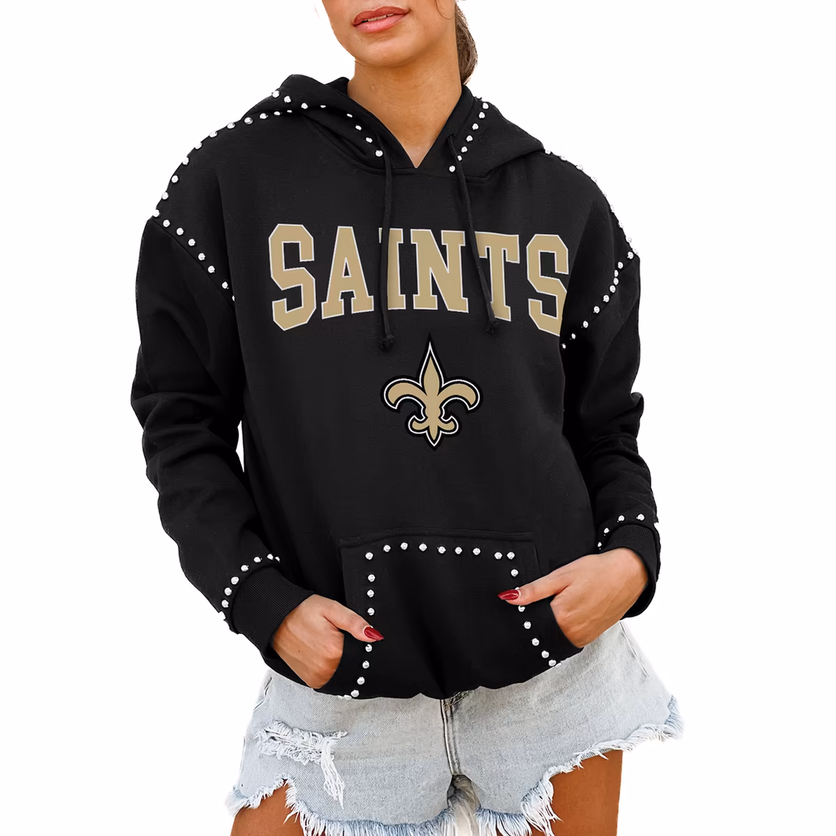 Women's Gameday Couture Black New Orleans Saints Oversized Catch the Vibe Studded Pullover Hoodie 2 Women's Gameday Couture Black New Orleans Saints Oversized Catch the Vibe Studded Pullover Hoodie