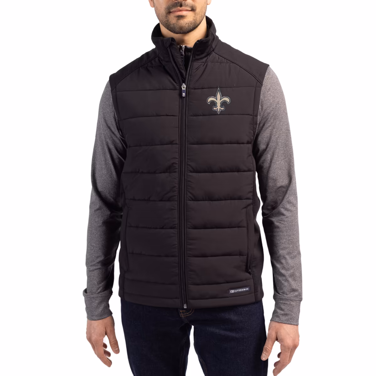 Men's Cutter & Buck Black New Orleans Saints Primary Mark Evoke PrimaLoft Hybrid Eco Softshell Recycled Full-Zip Vest