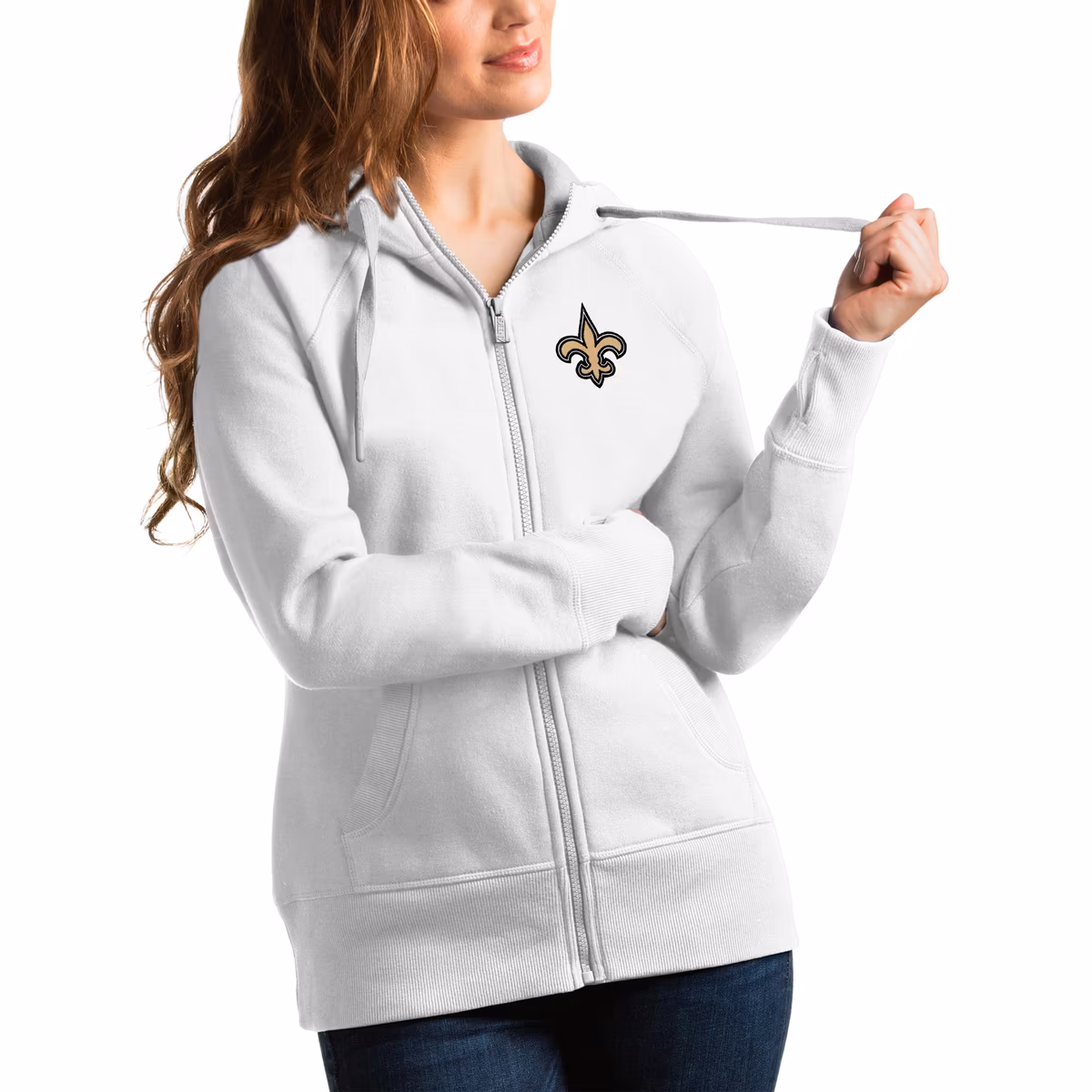 Women's Antigua White New Orleans Saints Victory Full-Zip Hoodie 1 Women's Antigua White New Orleans Saints Victory Full-Zip Hoodie