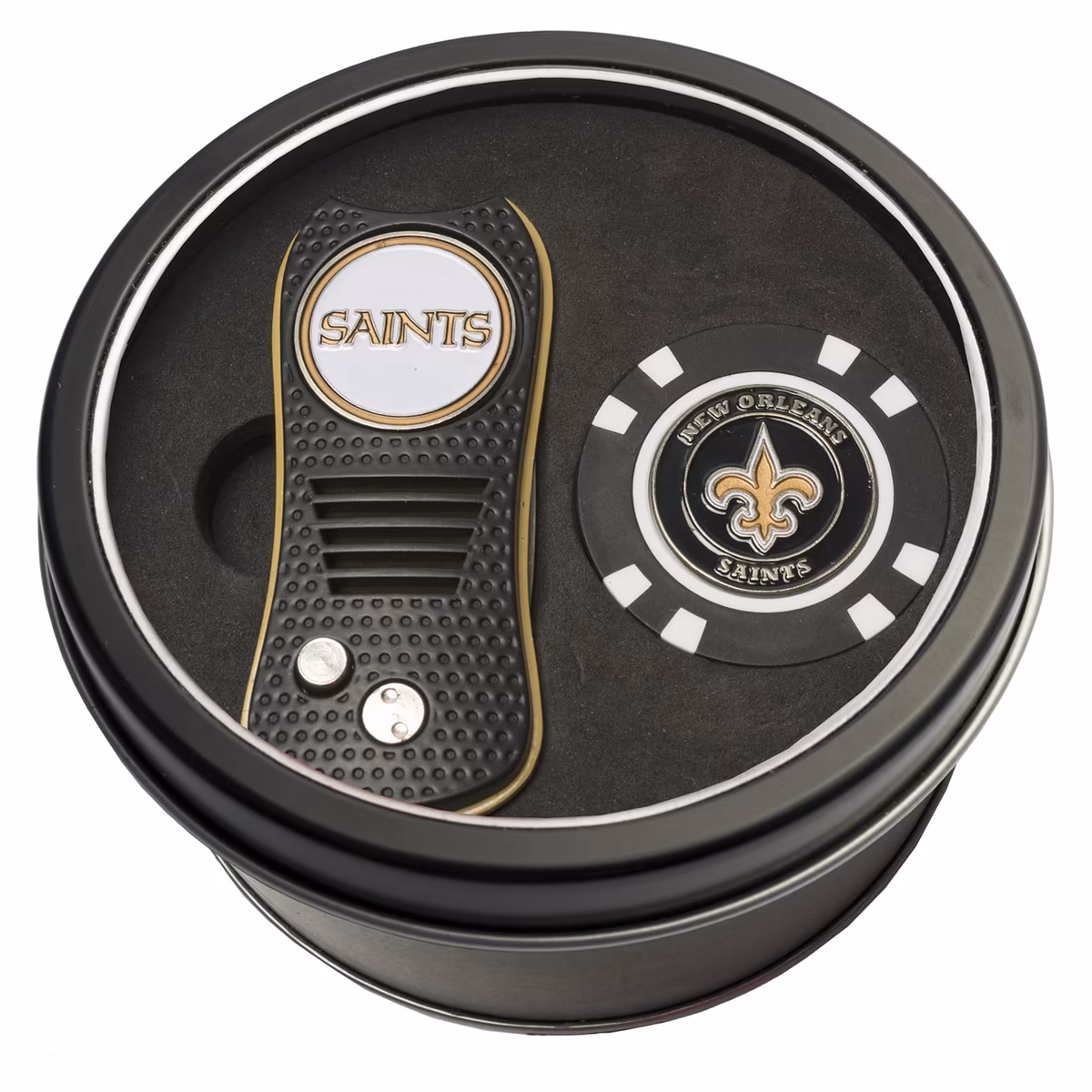 New Orleans Saints Divot Tool & Golf Chip Personalized Tin Gift Set