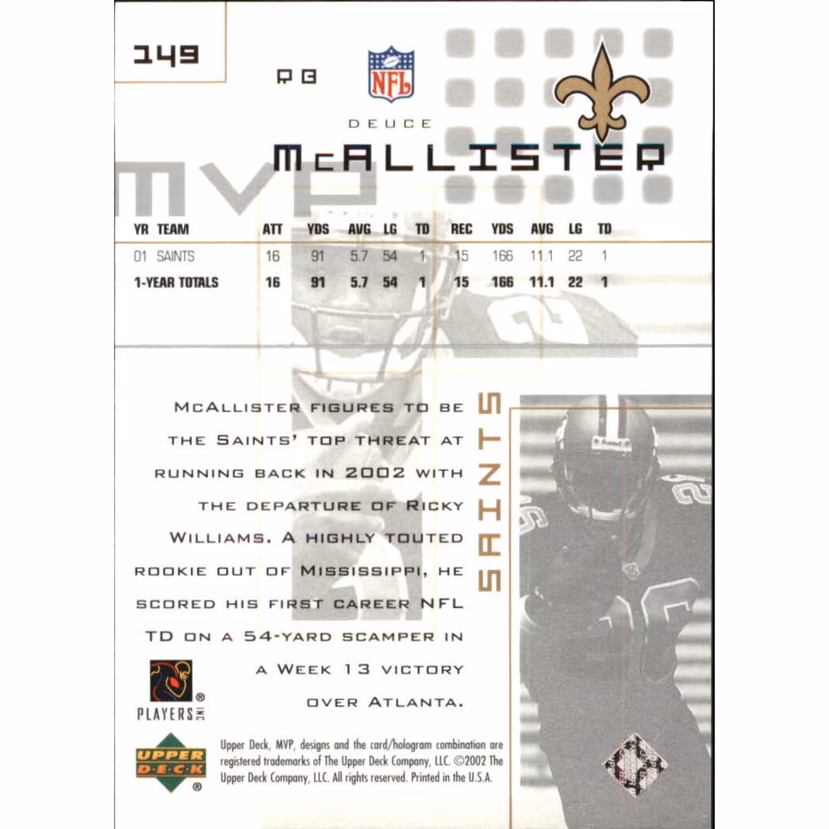 2002 Upper Deck MVP Silver #149 Deuce McAllister