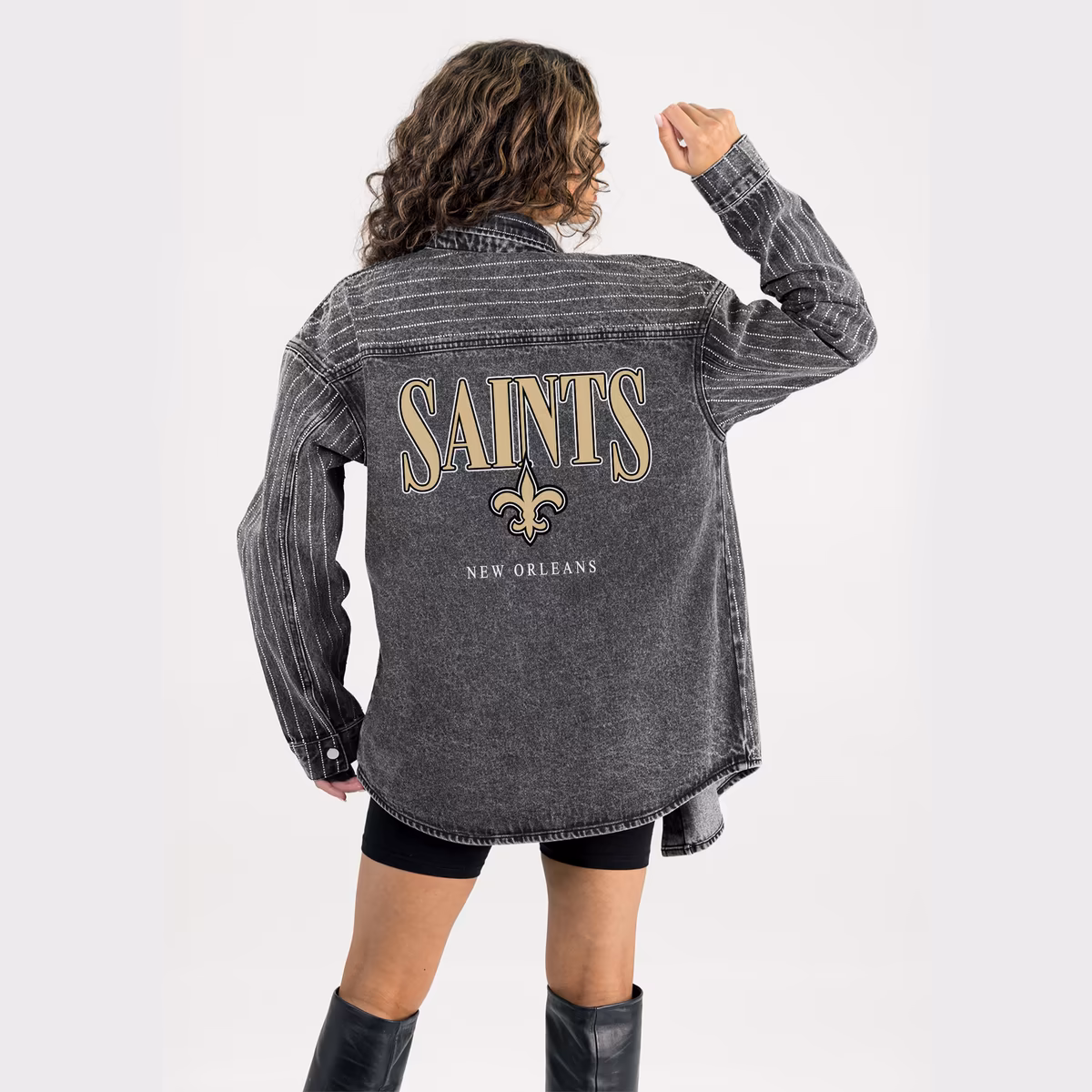 Women's Gameday Couture  Black New Orleans Saints End Zone Energy Rhinestone Washed Full-Snap Denim Overshirt