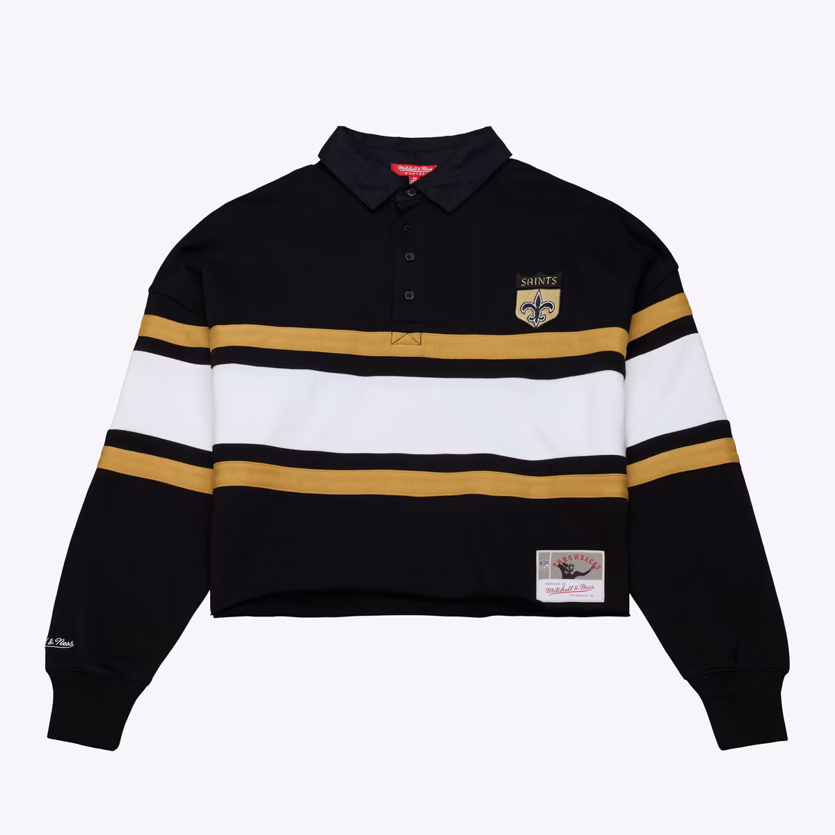 Women's Mitchell & Ness  Black New Orleans Saints  Cropped Long Sleeve Rugby Polo