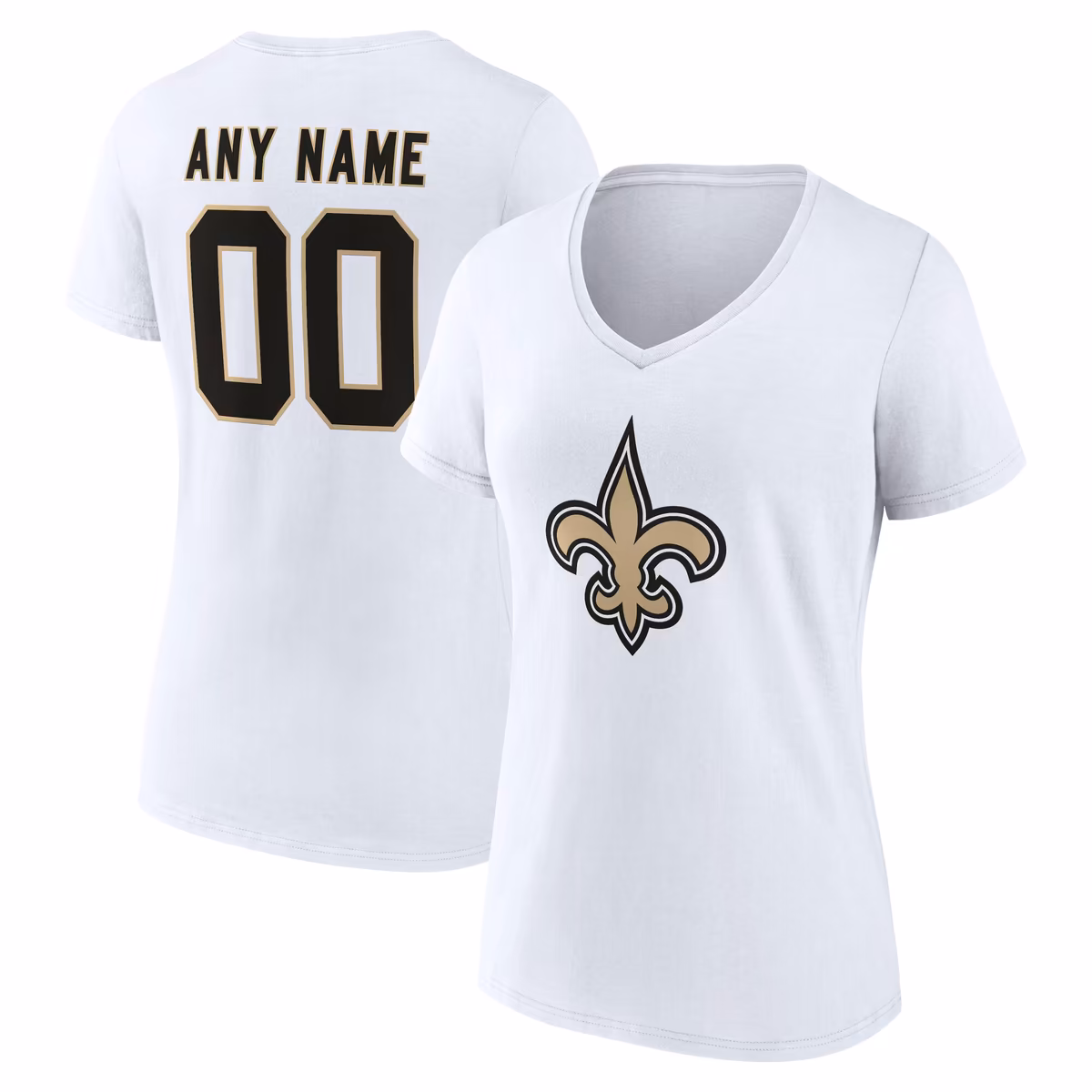 Women's White New Orleans Saints Team Authentic Personalized Name & Number V-Neck T-Shirt 3 Women's White New Orleans Saints Team Authentic Personalized Name & Number V-Neck T-Shirt