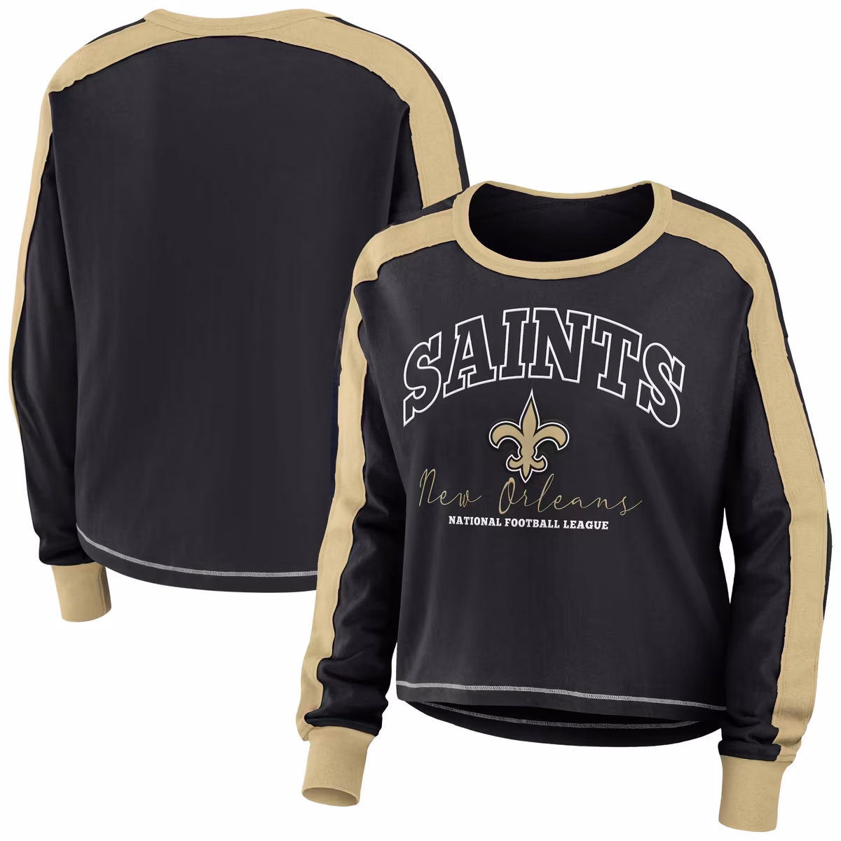 Women's WEAR by Erin Andrews Black/Gold New Orleans Saints Color Block Modest Crop Long Sleeve T-Shirt 2 Women's WEAR by Erin Andrews Black/Gold New Orleans Saints Color Block Modest Crop Long Sleeve T-Shirt