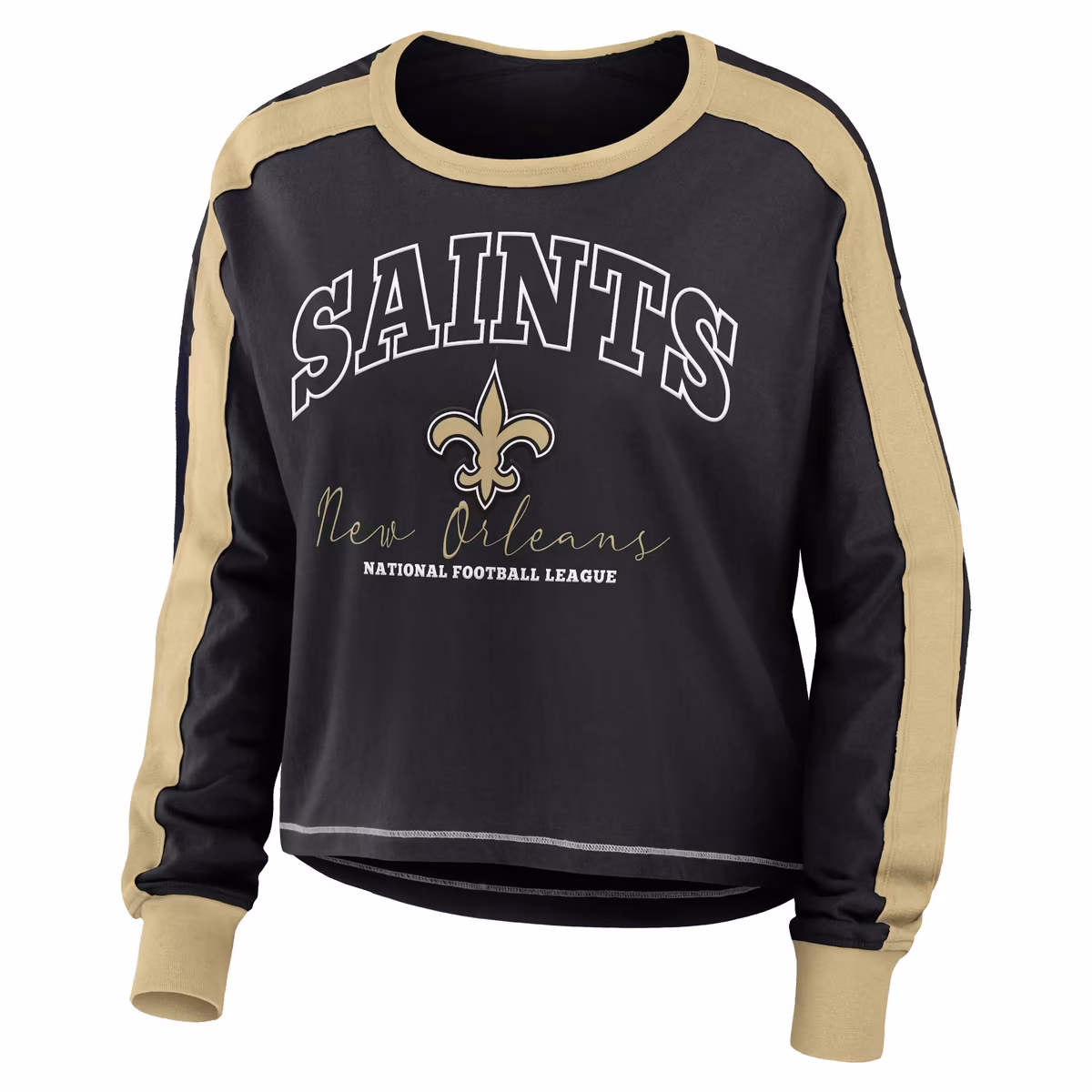 Women's WEAR by Erin Andrews Black/Gold New Orleans Saints Color Block Modest Crop Long Sleeve T-Shirt 3 Women's WEAR by Erin Andrews Black/Gold New Orleans Saints Color Block Modest Crop Long Sleeve T-Shirt