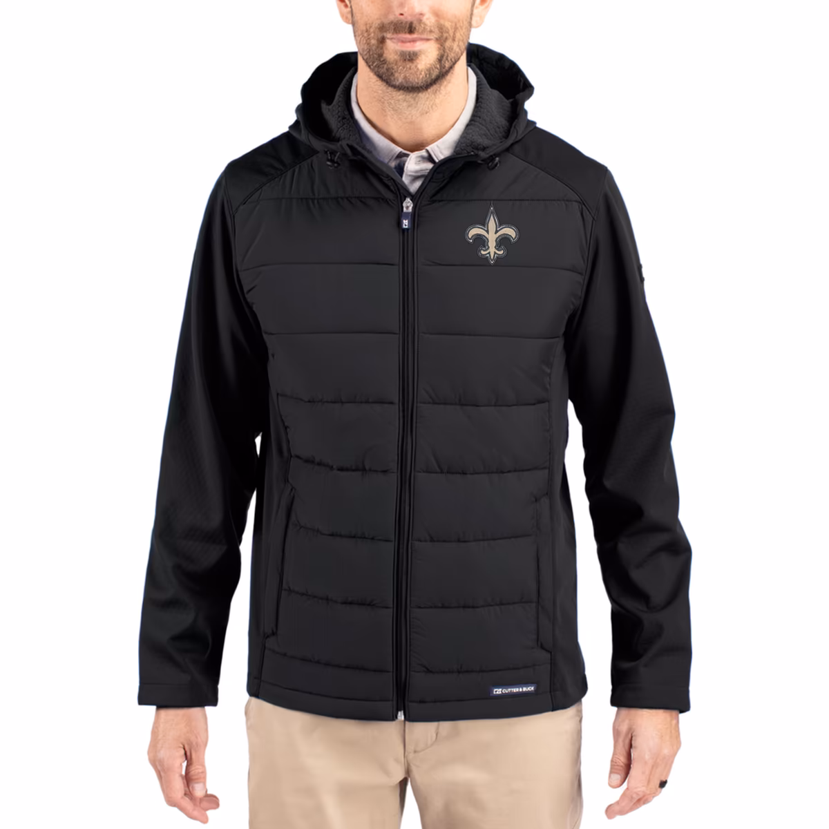 Men's Cutter & Buck Black New Orleans Saints  Evoke PrimaLoft Hybrid Eco Softshell Recycled Full-Zip Hooded Jacket