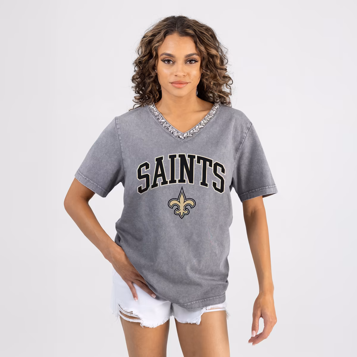 Women's Gameday Couture Gray New Orleans Saints Relaxed Iconic Edge Rhinestone V-Neck T-Shirt