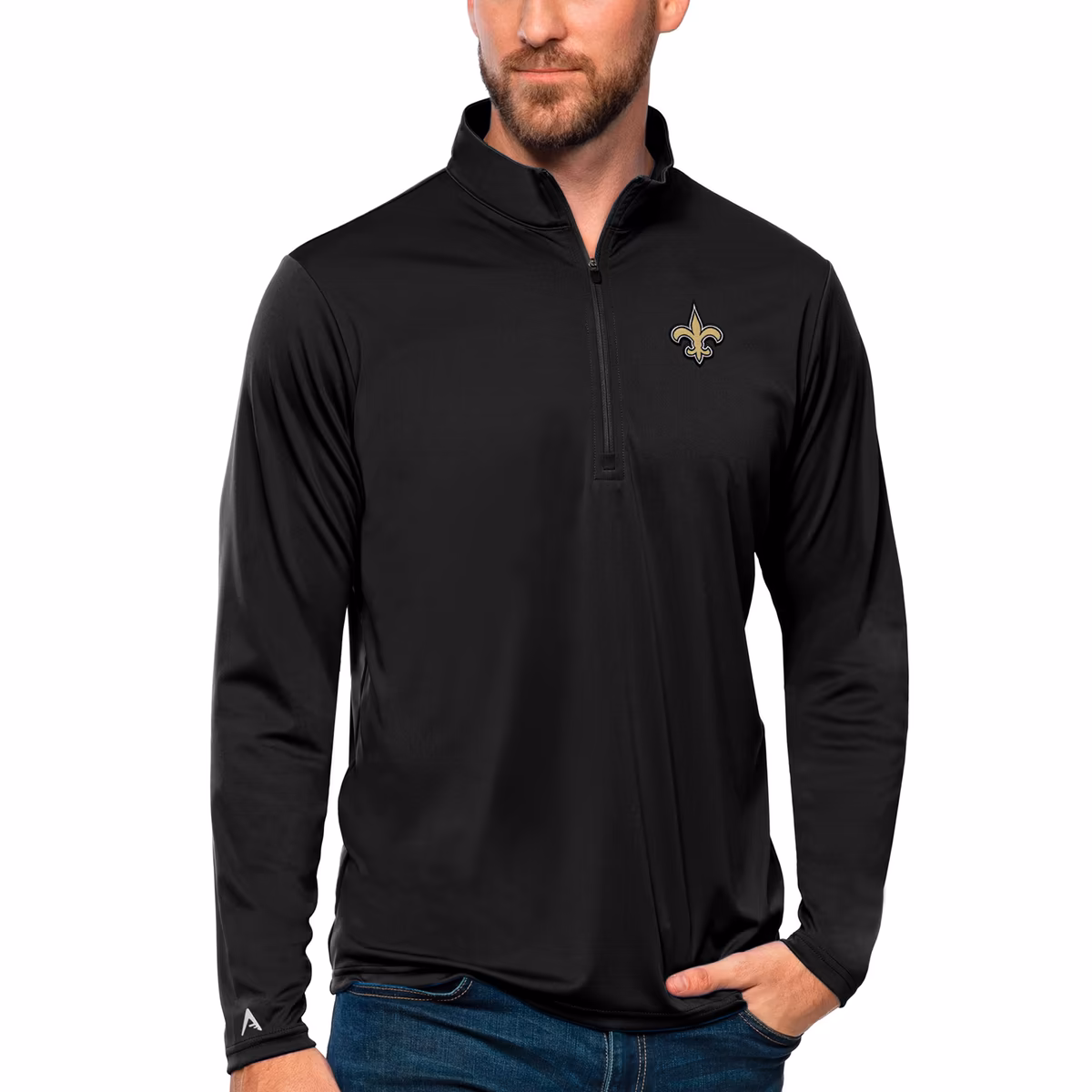 Men's Antigua Black New Orleans Saints Tribute Quarter-Zip Lightweight Pullover Top 1 Men's Antigua Black New Orleans Saints Tribute Quarter-Zip Lightweight Pullover Top