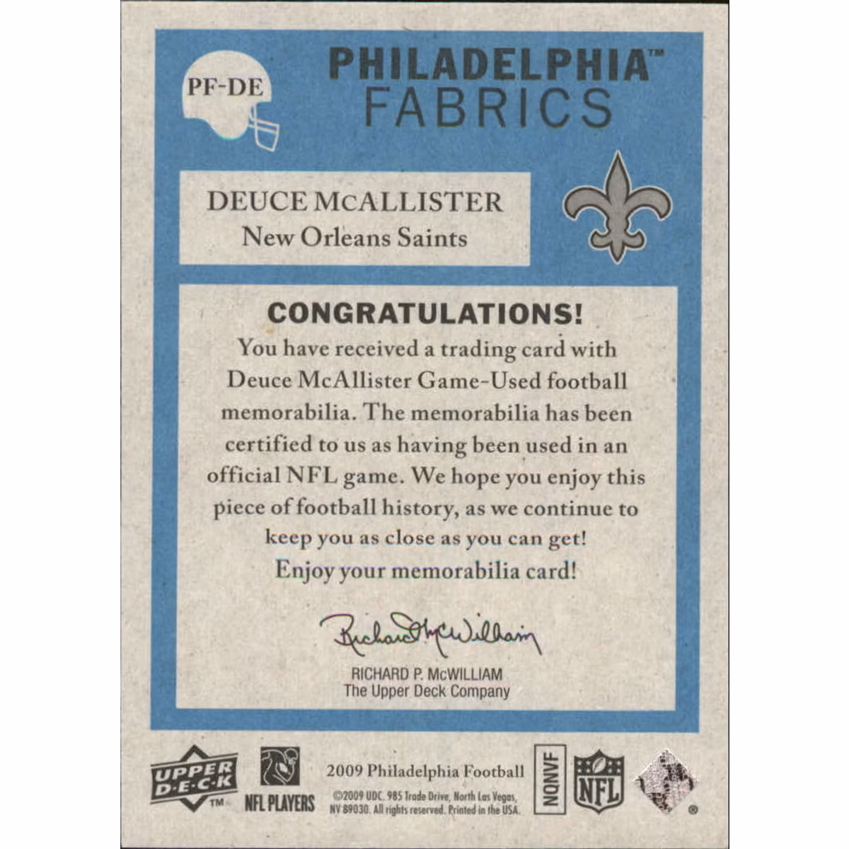 2009 Philadelphia Fabric #PFDE Deuce McAllister