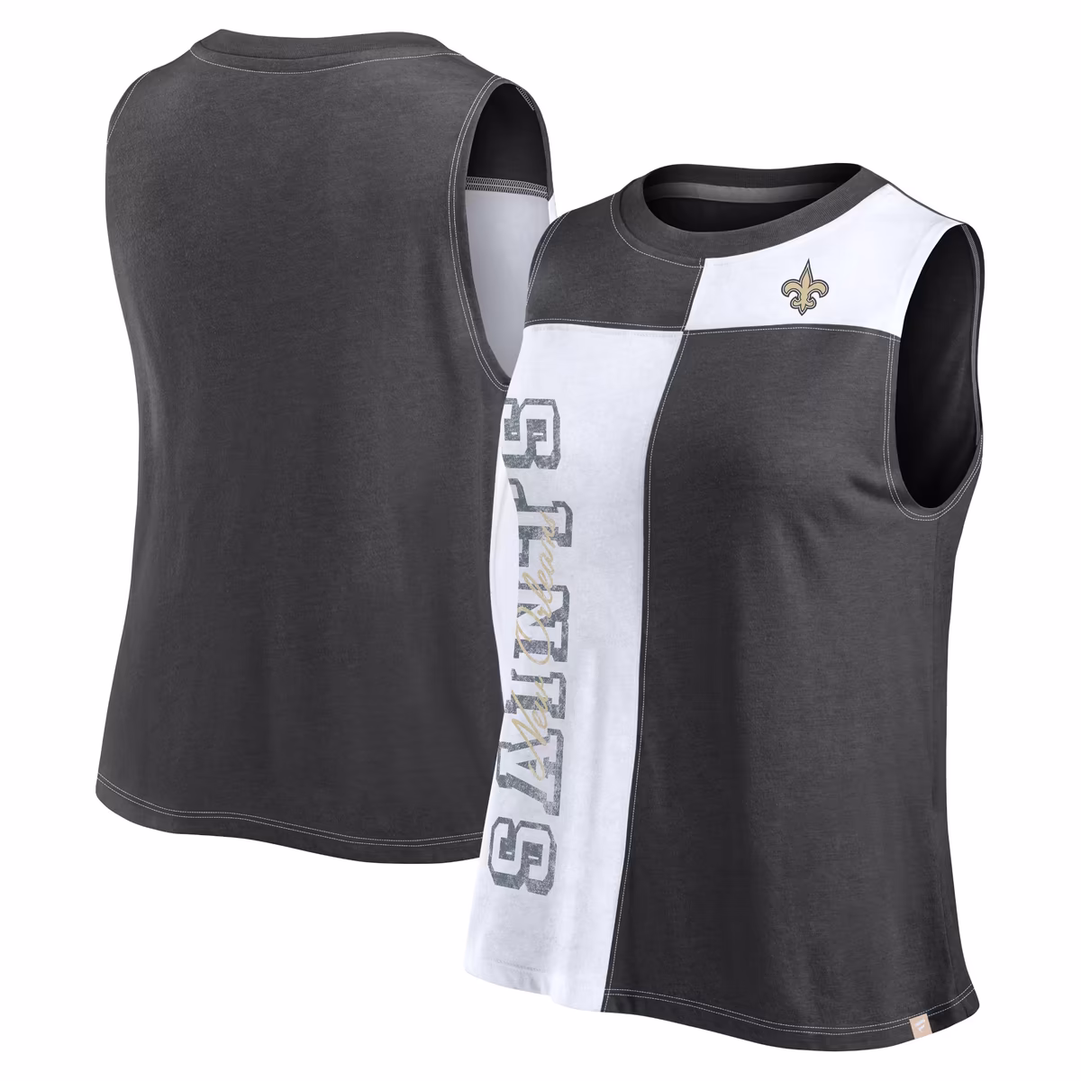 Women's Fanatics Black/White New Orleans Saints Script Color Block Tank Top 1 Women's Fanatics Black/White New Orleans Saints Script Color Block Tank Top