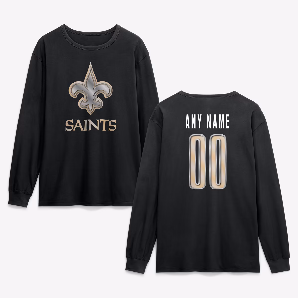 Men's Black New Orleans Saints Metallic Mascot Personalized Name & Number Long Sleeve T-Shirt 2 Men's Black New Orleans Saints Metallic Mascot Personalized Name & Number Long Sleeve T-Shirt