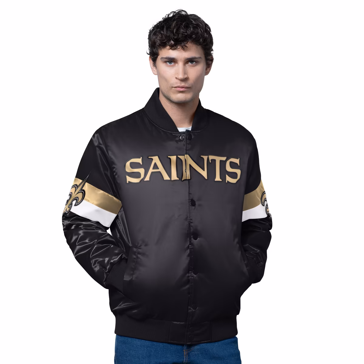 Men's Starter Black New Orleans Saints Triple Option Satin Varsity Full-Snap Jacket 2 Men's Starter Black New Orleans Saints Triple Option Satin Varsity Full-Snap Jacket