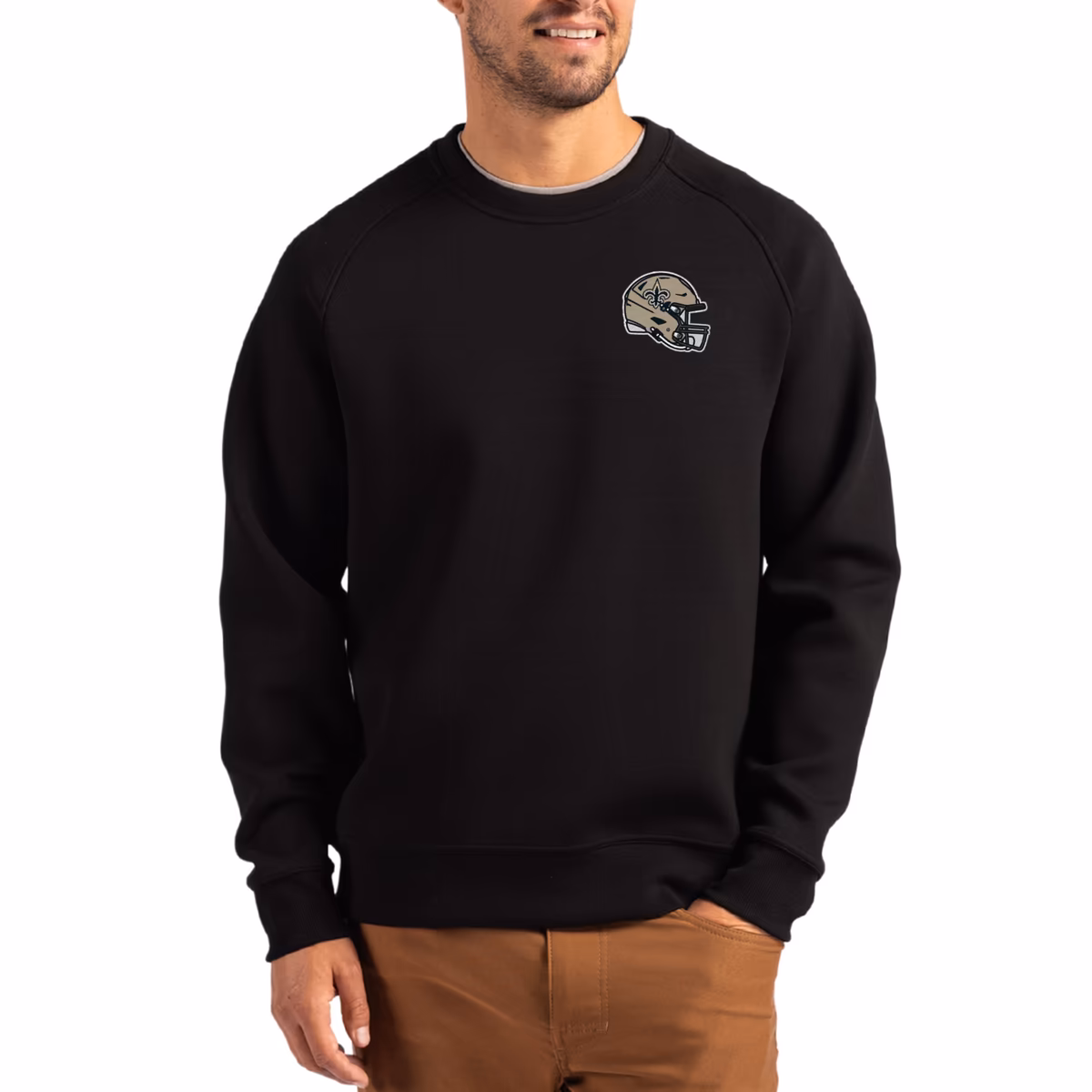 Men's Cutter & Buck Black New Orleans Saints Helmet Roam Recycled Raglan Pullover Sweatshirt