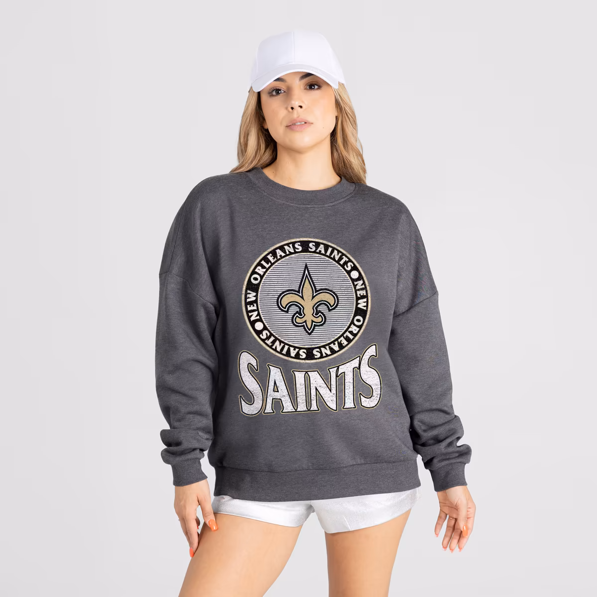 Women's Gameday Couture Charcoal New Orleans Saints Saturday Seal Oversized Premium Drop Shoulder Sweatshirt