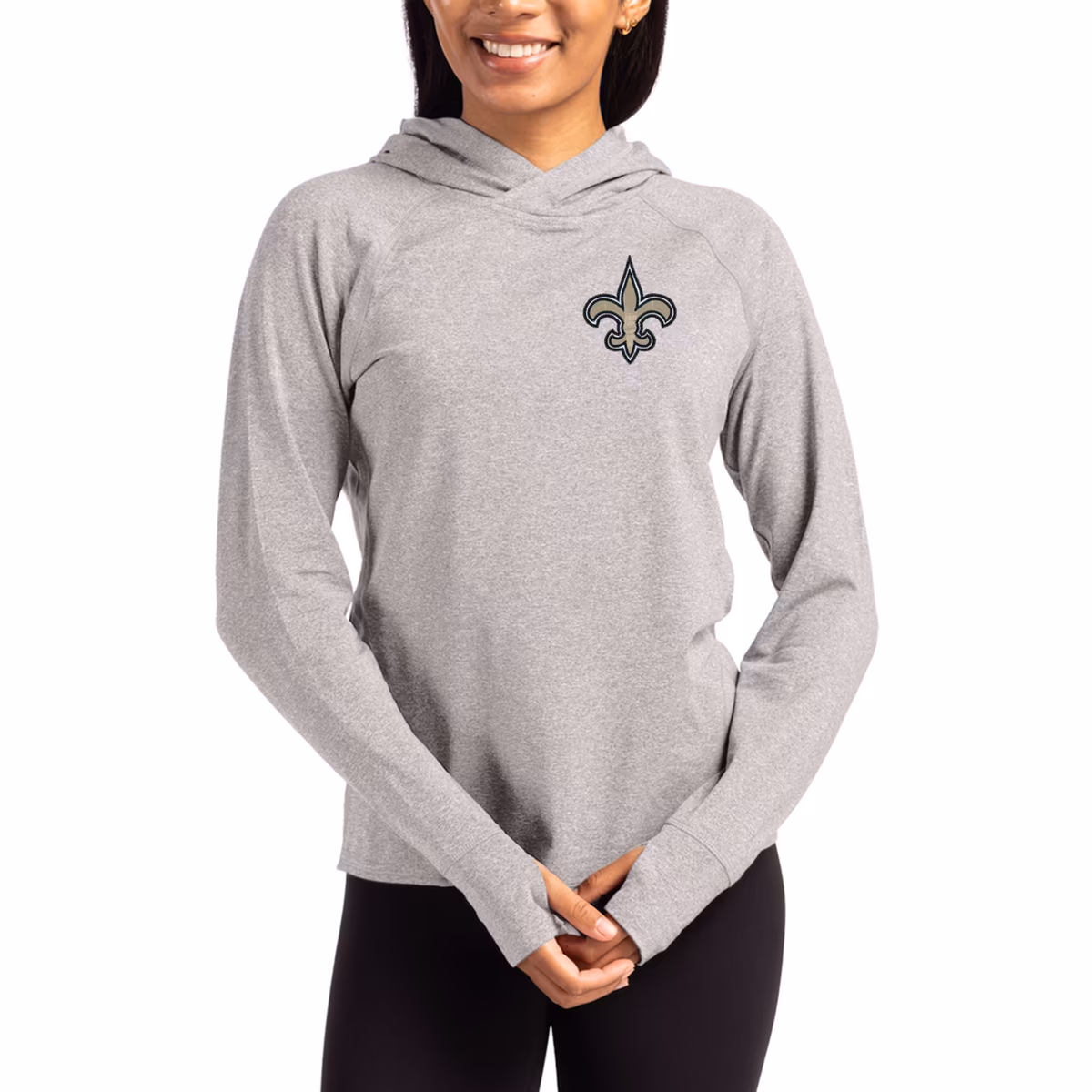 Women's Cutter & Buck Heather Gray New Orleans Saints Primary Logo Adapt Knit Recycled Raglan Pullover Hoodie