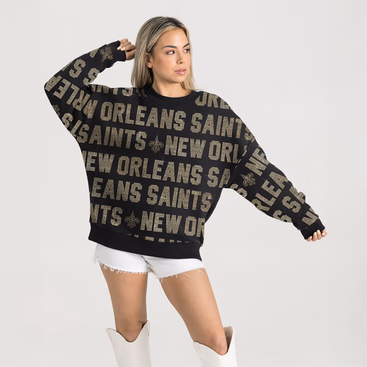 Women's Gameday Couture Black New Orleans Saints Oversized Hype Era Rhinestone Text Sweatshirt 12 Women's Gameday Couture Black New Orleans Saints Oversized Hype Era Rhinestone Text Sweatshirt