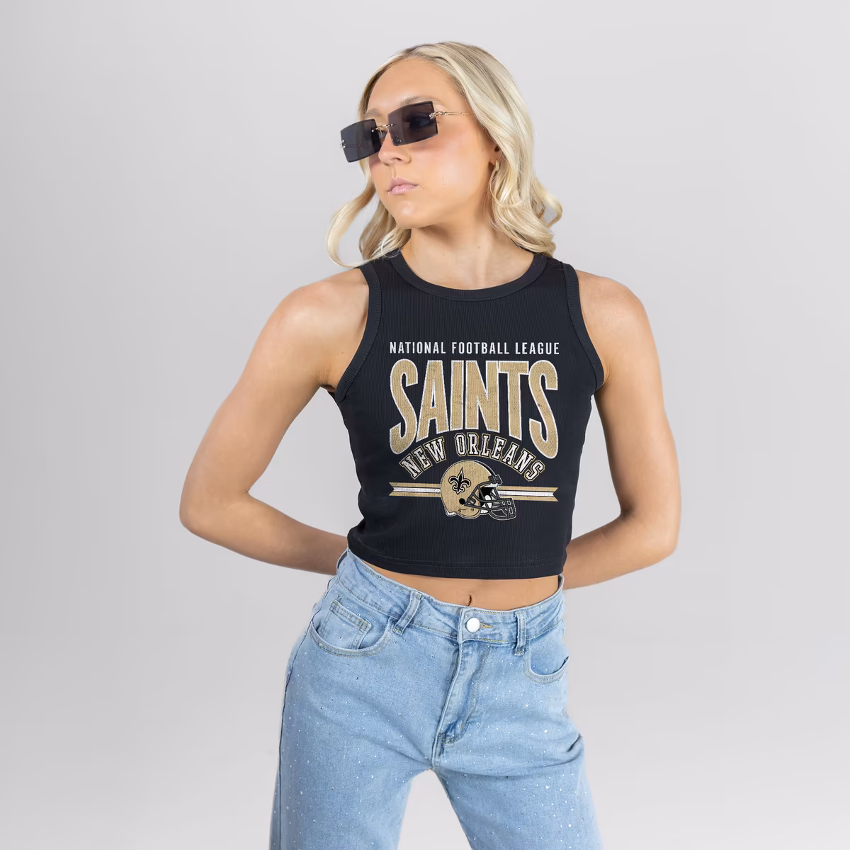 Women's Gameday Couture Black New Orleans Saints Mic Drop Essential Ribbed Crop Tank Top