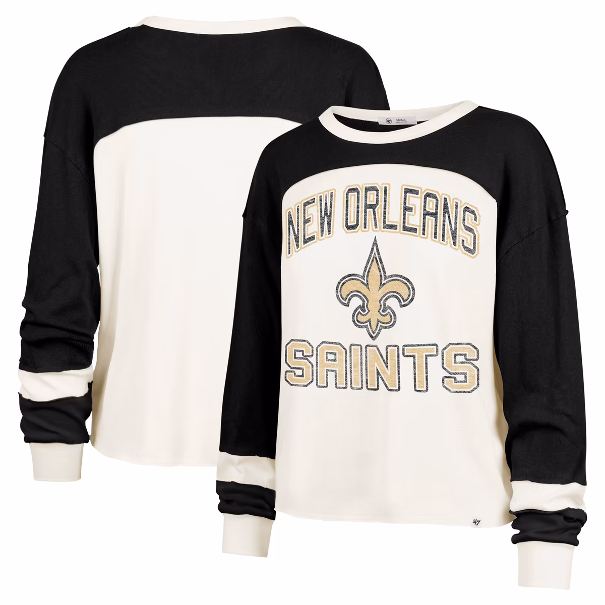 Women's '47 Cream New Orleans Saints Double Header Curve Raglan Long Sleeve Crop Top 10 Women's '47 Cream New Orleans Saints Double Header Curve Raglan Long Sleeve Crop Top